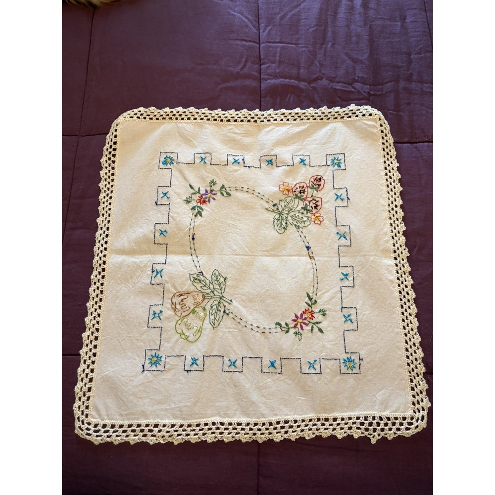 Vintage Hand Embroidered And Crocheted  Table Square Cotton. 20" x 20".  1940's